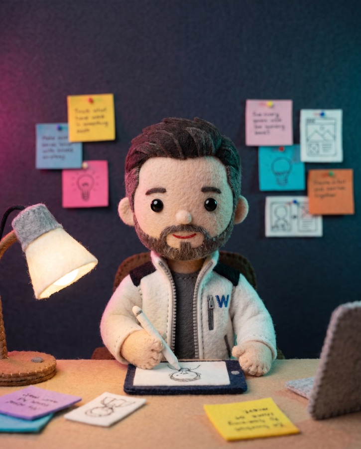 Escena 2: el personaje de tela crea en su escritorio