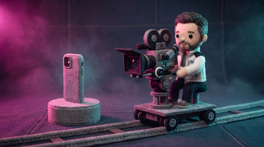 El personaje de papel filma un producto con una cámara de cine sobre rieles