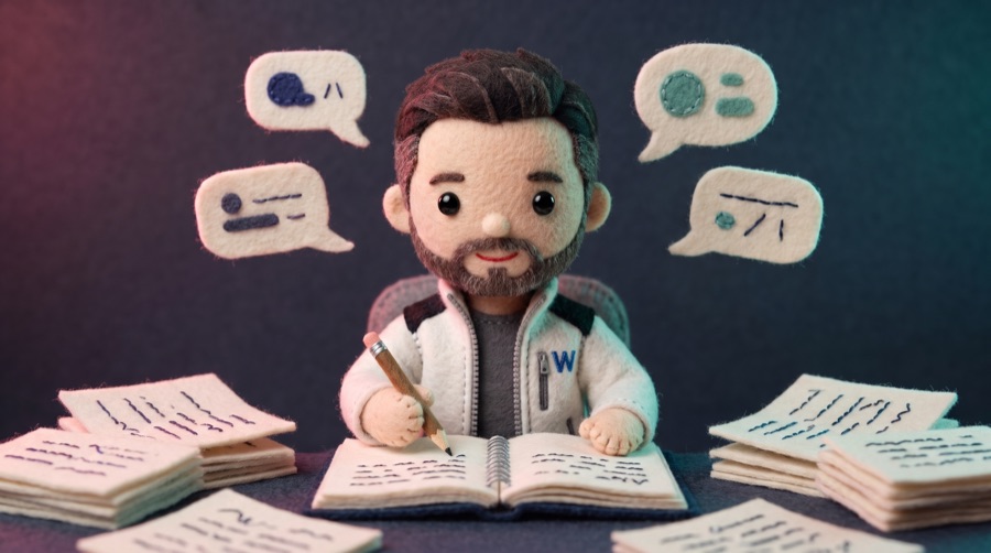 El personaje de tela escribe guiones en su escritorio