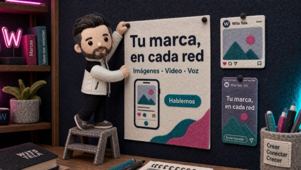 El personaje de tela pega un póster con el titular Tu marca, en cada red