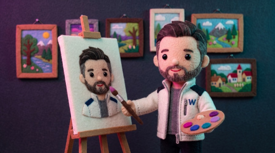 El personaje de tela pinta su propio retrato