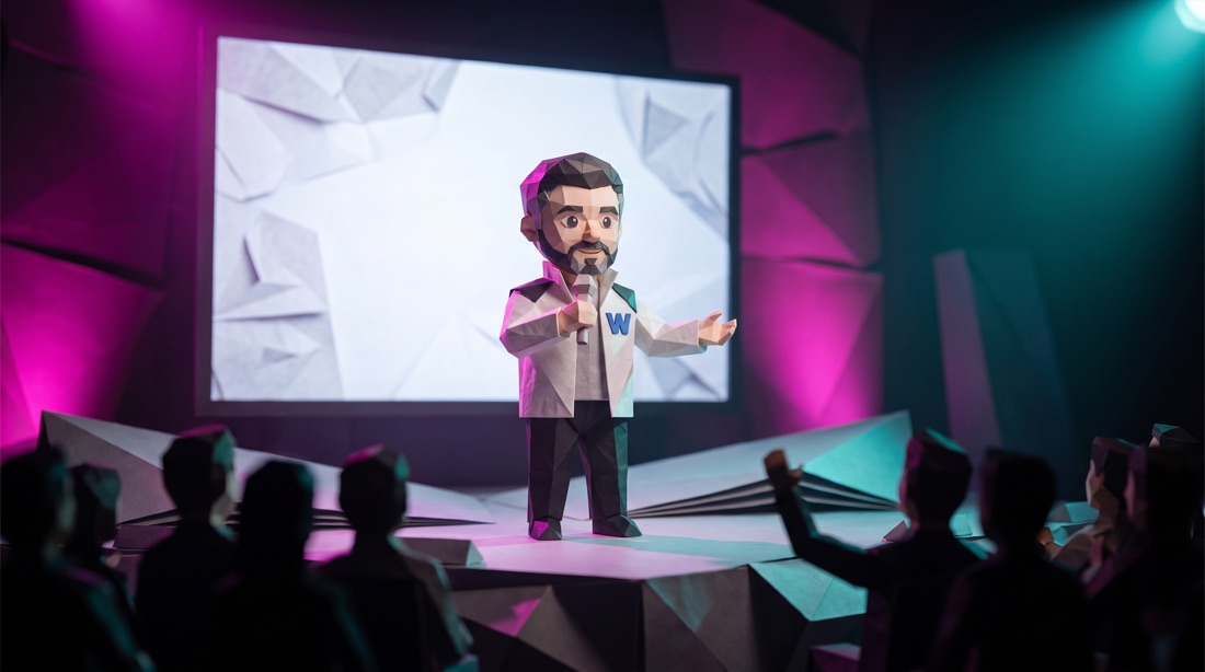 El mismo personaje presentando en un escenario
