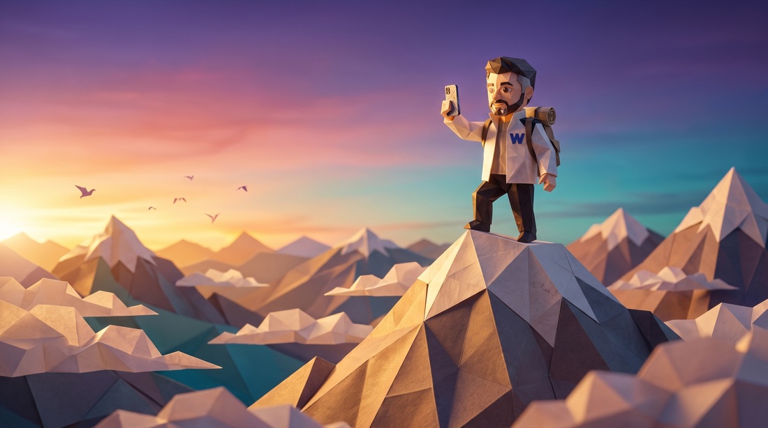 El mismo personaje en la cima de una montaña de papel al amanecer