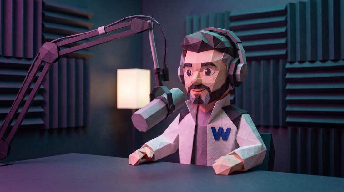 El mismo personaje grabando un podcast