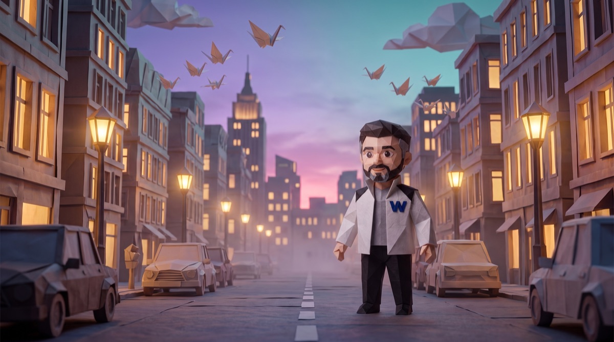 Cuadro de video: el personaje de papel camina por una ciudad de papel al atardecer