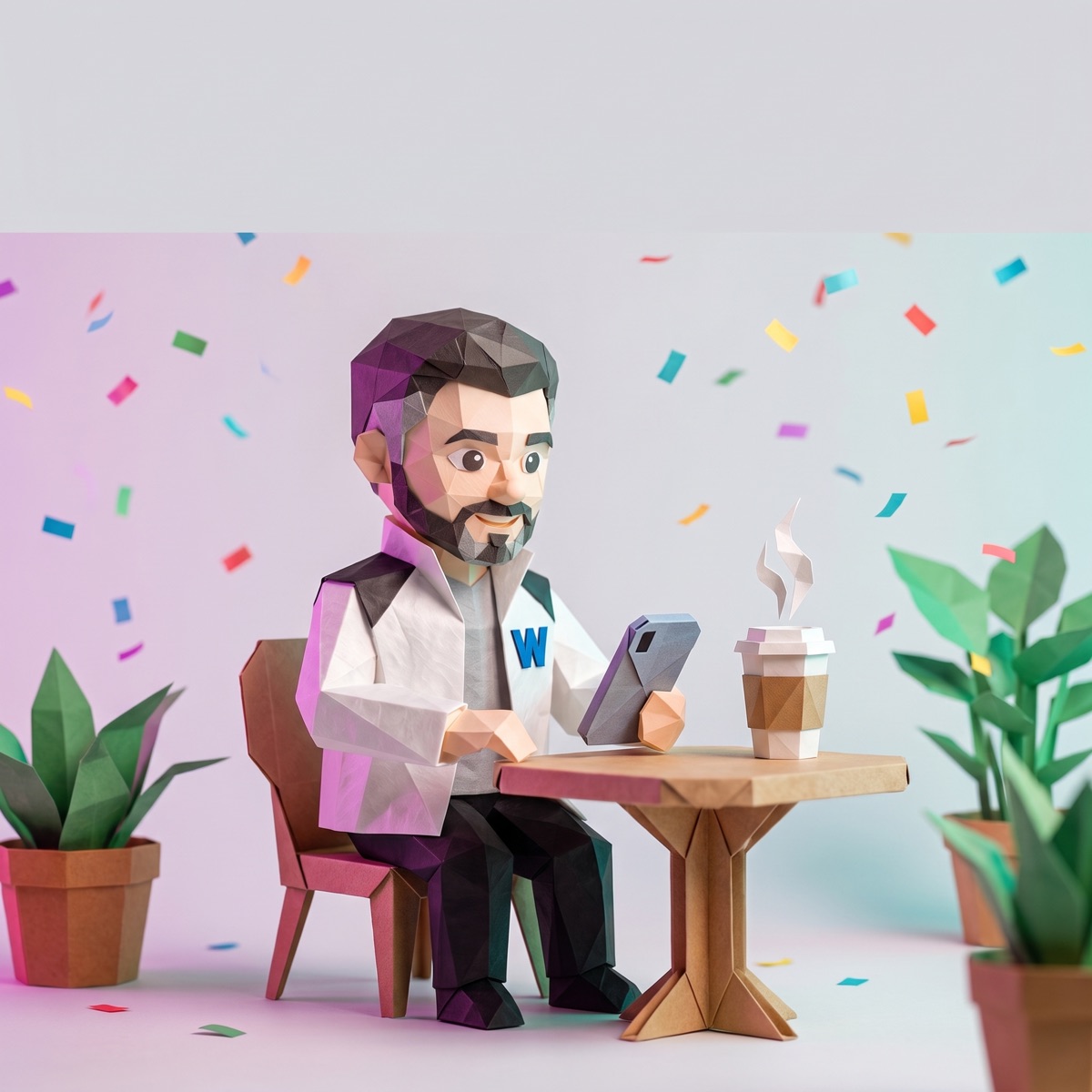 Post: el personaje de papel revisa su teléfono en un café